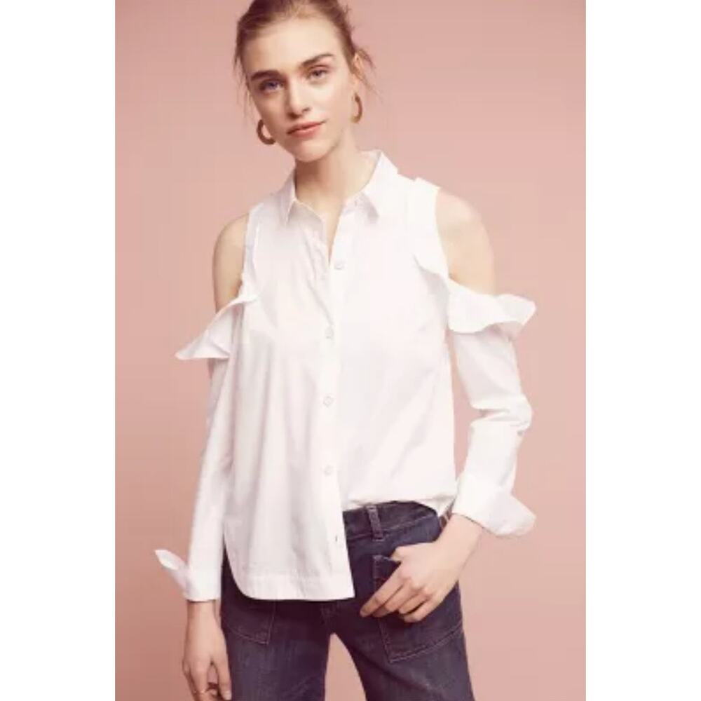 Maeve Anthropologie NWT Ruffle Open-Shoulder Poplin Blouse S
